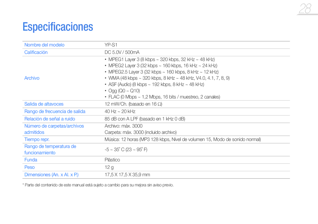 Samsung YP-S1QL/MEA, YP-S1QPV/EDC, YP-S1QLV/EDC, YP-S1QBR/EDC manual Especificaciones 