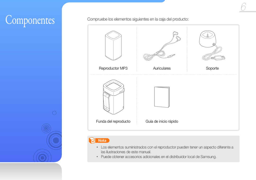 Samsung YP-S1QPV/EDC, YP-S1QLV/EDC, YP-S1QL/MEA Componentes, Compruebe los elementos siguientes en la caja del producto 