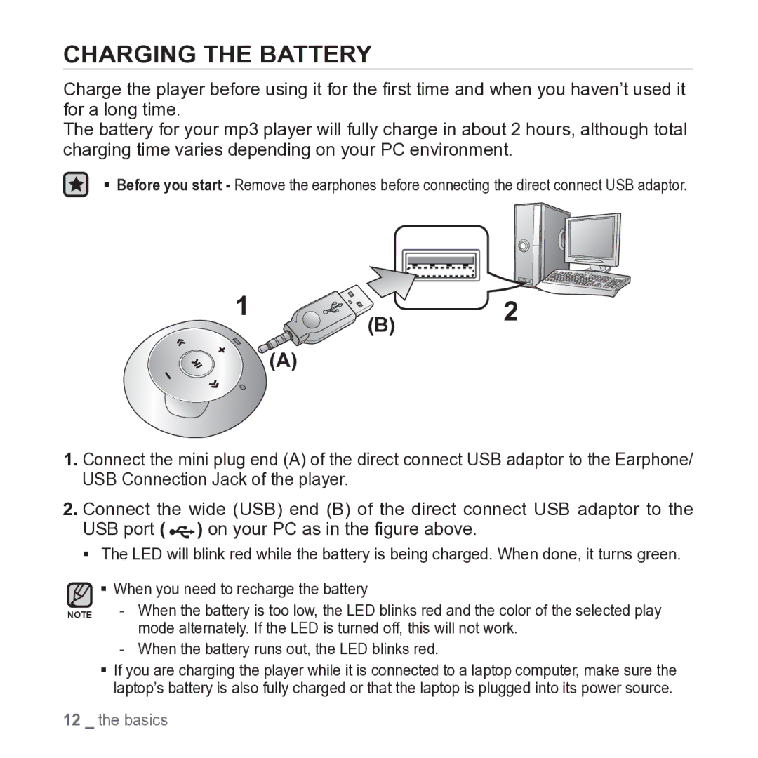 Samsung YP-S2 user manual Charging the Battery 