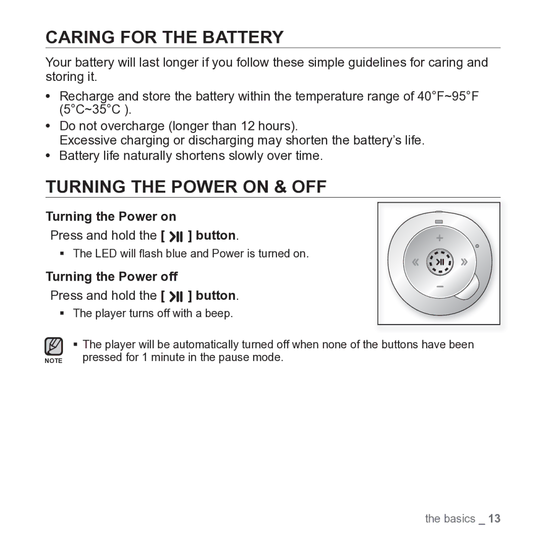 Samsung YP-S2 user manual Caring for the Battery, Turning the Power on & OFF, Turning the Power off 