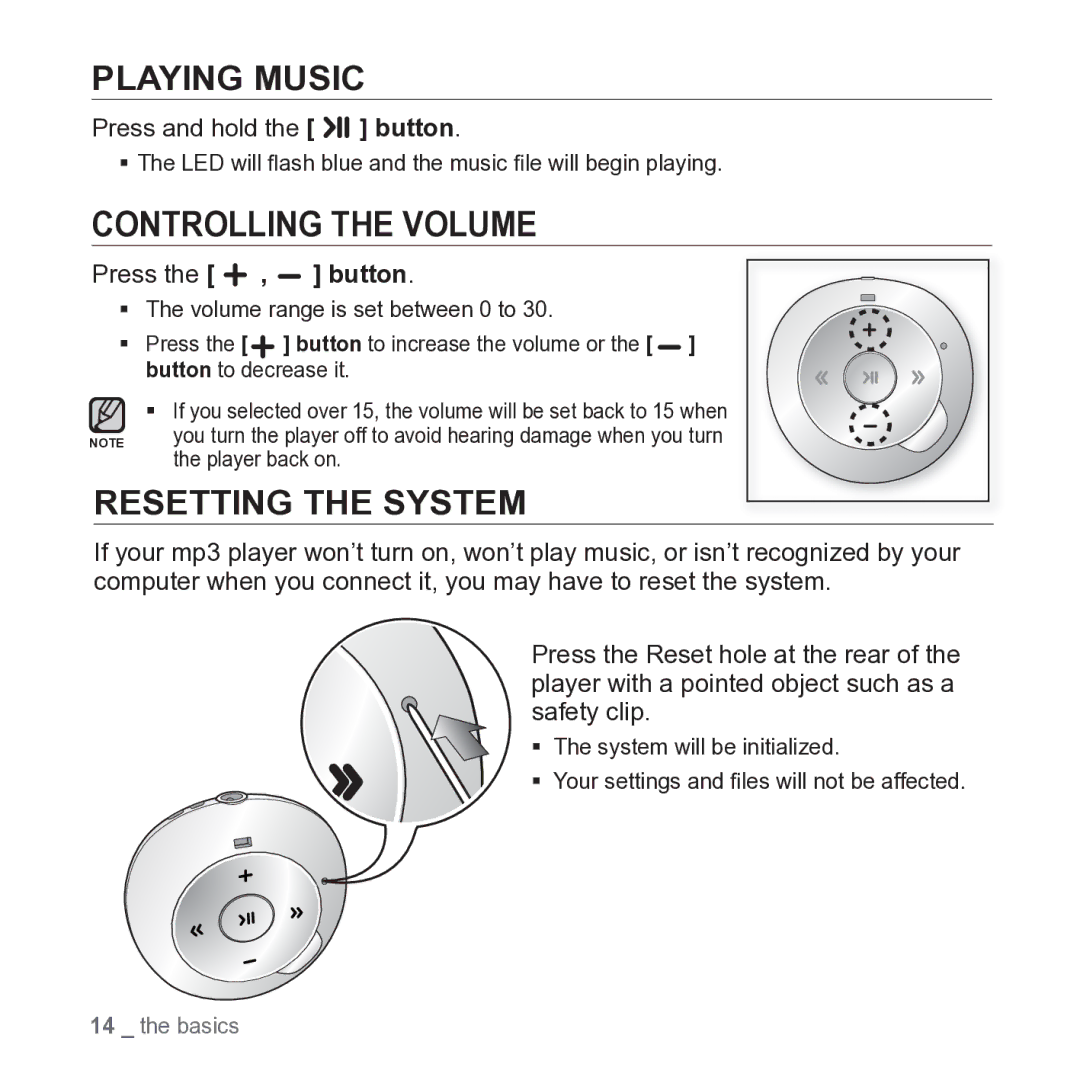 Samsung YP-S2 user manual Playing Music, Controlling the Volume, Resetting the System, Press 