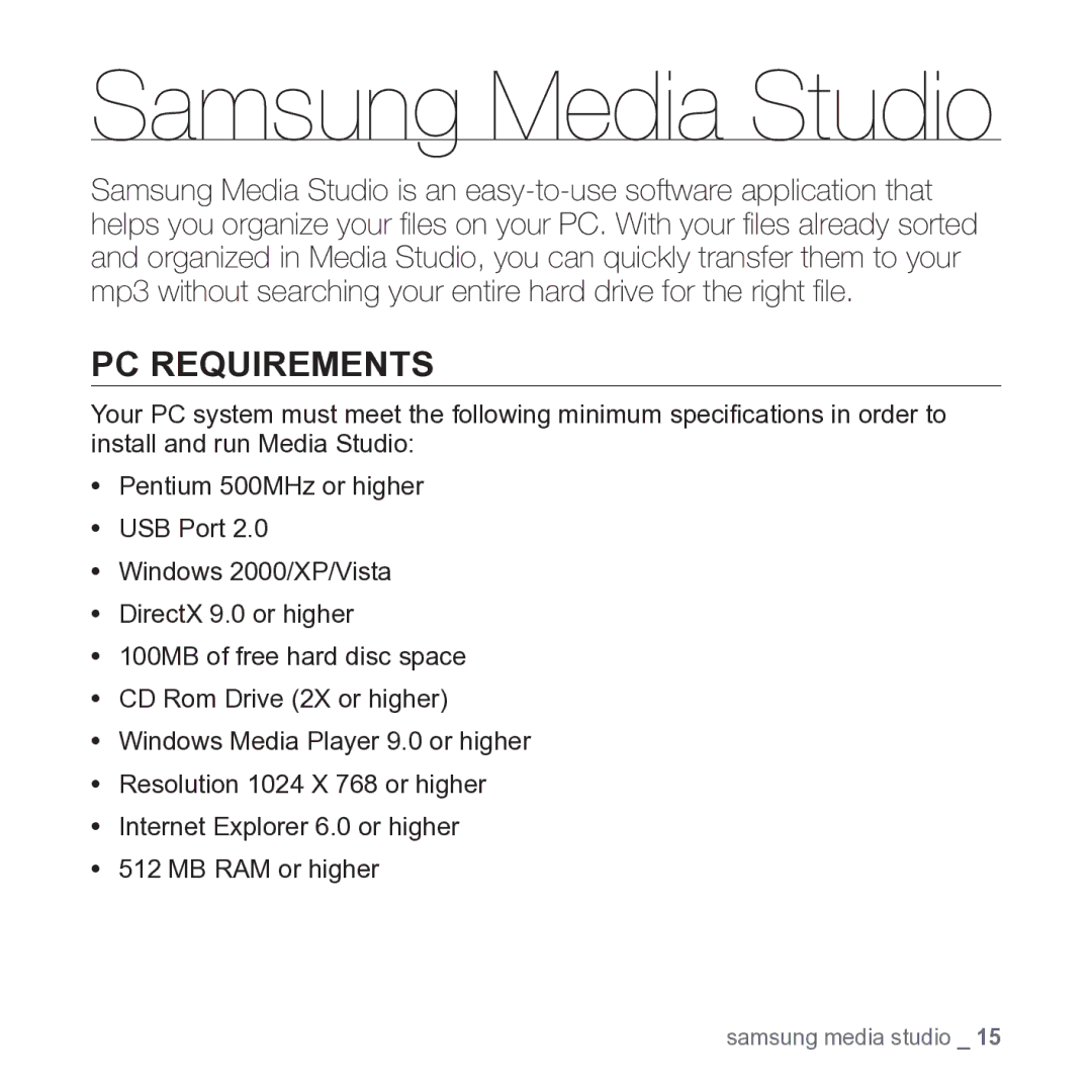 Samsung YP-S2 user manual Samsung Media Studio, PC Requirements 