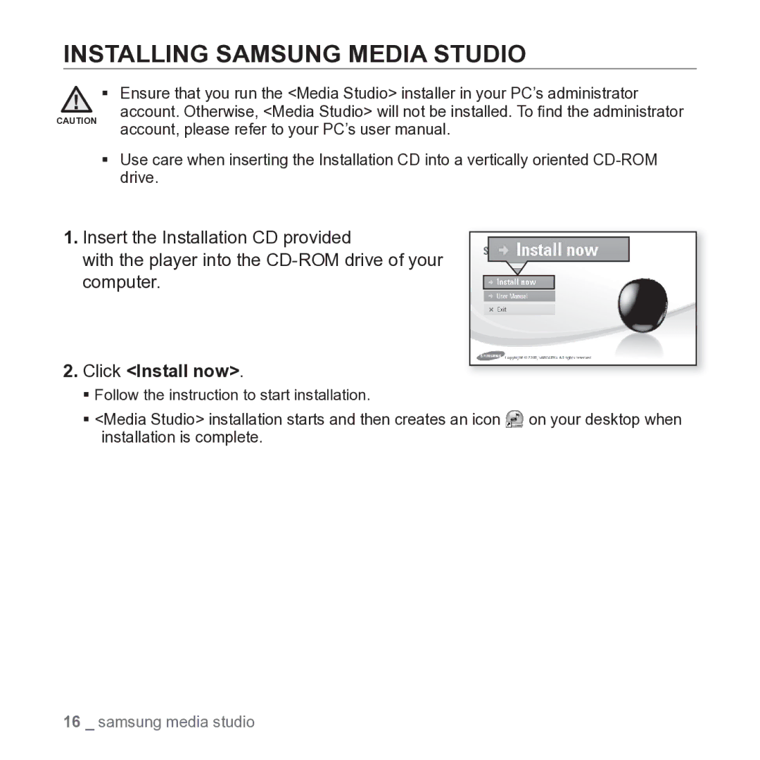 Samsung YP-S2 user manual Installing Samsung Media Studio, Click Install now 