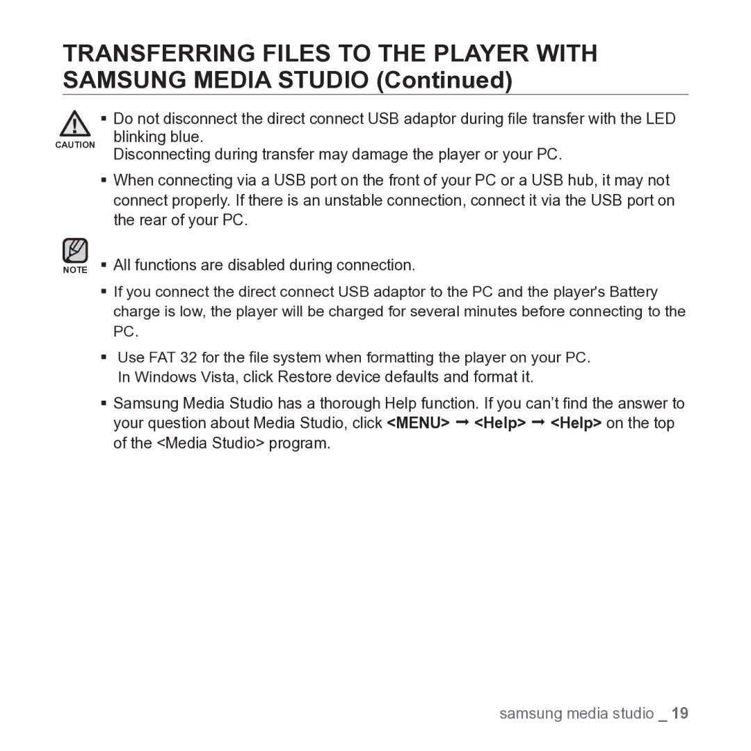 Samsung YP-S2 user manual Transferring Files to the Player with Samsung Media Studio 