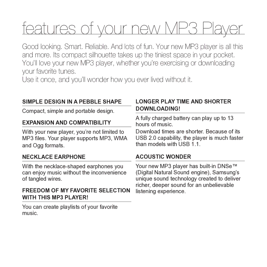 Samsung YP-S2 user manual Features of your new MP3 Player 