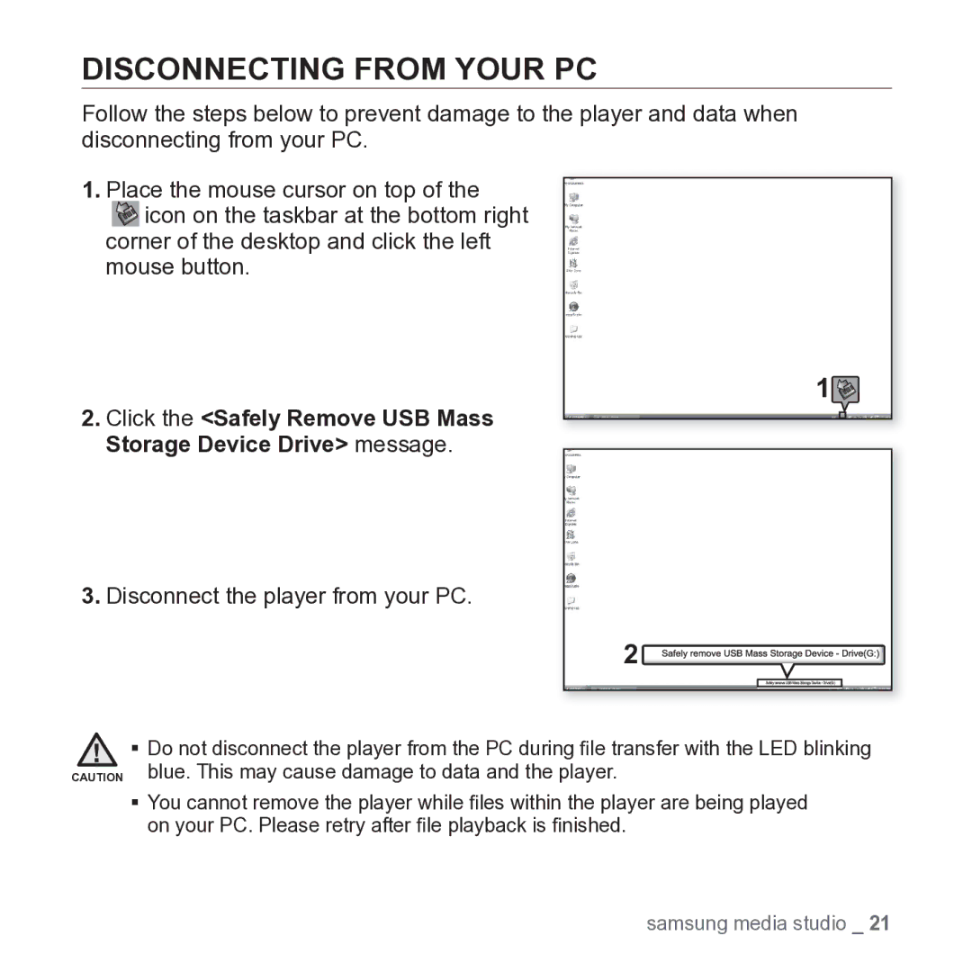 Samsung YP-S2 user manual Disconnecting from Your PC, Disconnect the player from your PC 