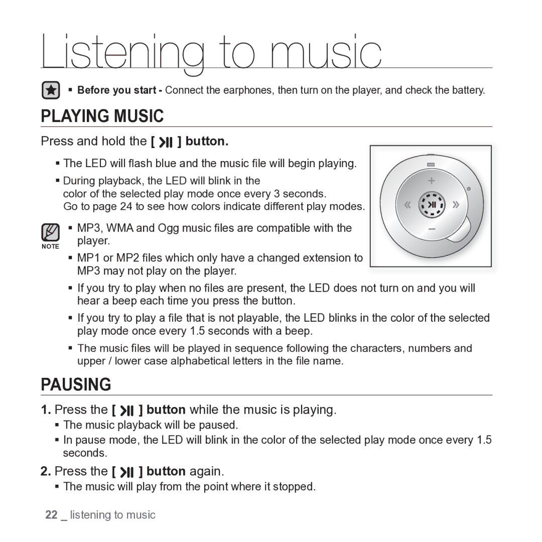 Samsung YP-S2 user manual Listening to music, Pausing 