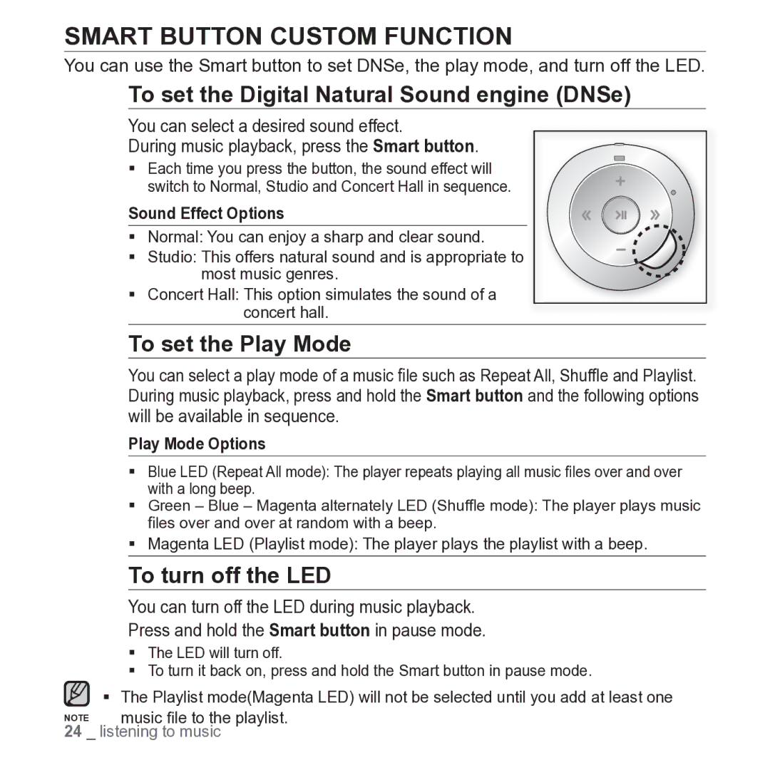 Samsung YP-S2 user manual Smart Button Custom Function, To set the Digital Natural Sound engine DNSe 