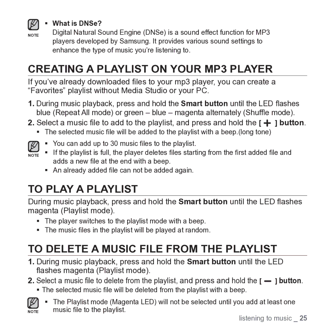 Samsung YP-S2 Creating a Playlist on Your MP3 Player, To Play a Playlist, To Delete a Music File from the Playlist 