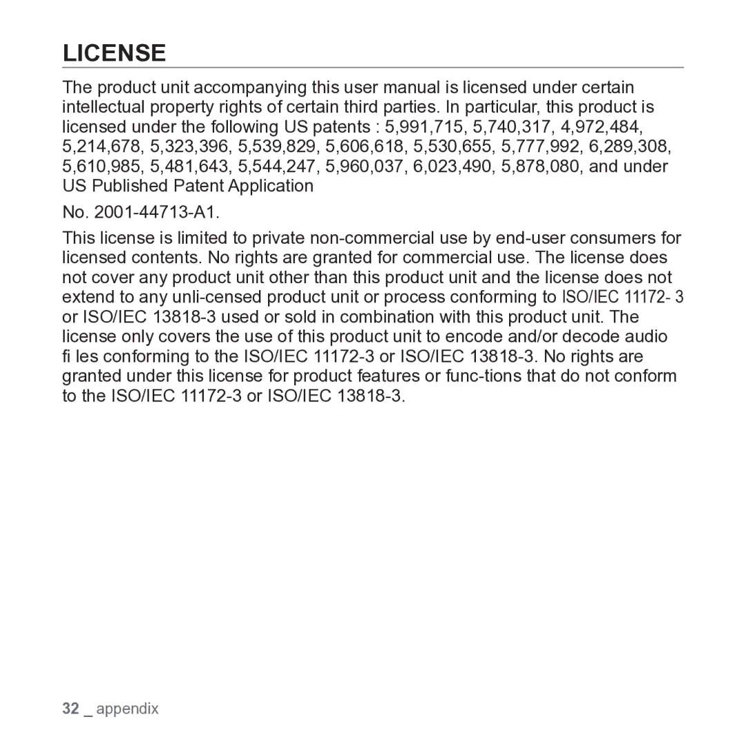 Samsung YP-S2 user manual License, No -44713-A1 