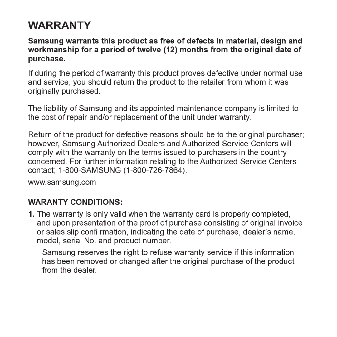 Samsung YP-S2 user manual Warranty, Waranty Conditions 