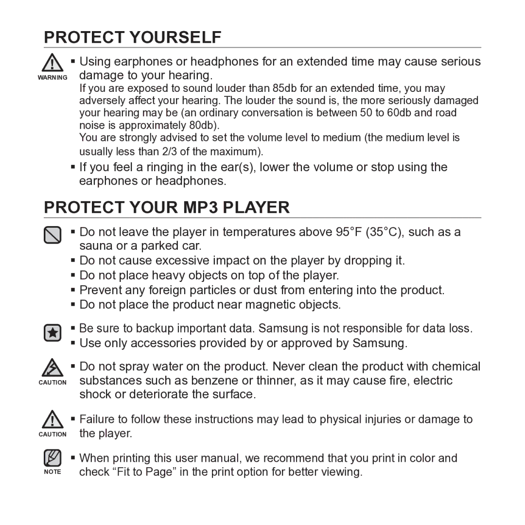 Samsung YP-S2 user manual Protect Your MP3 Player, Shock or deteriorate the surface 