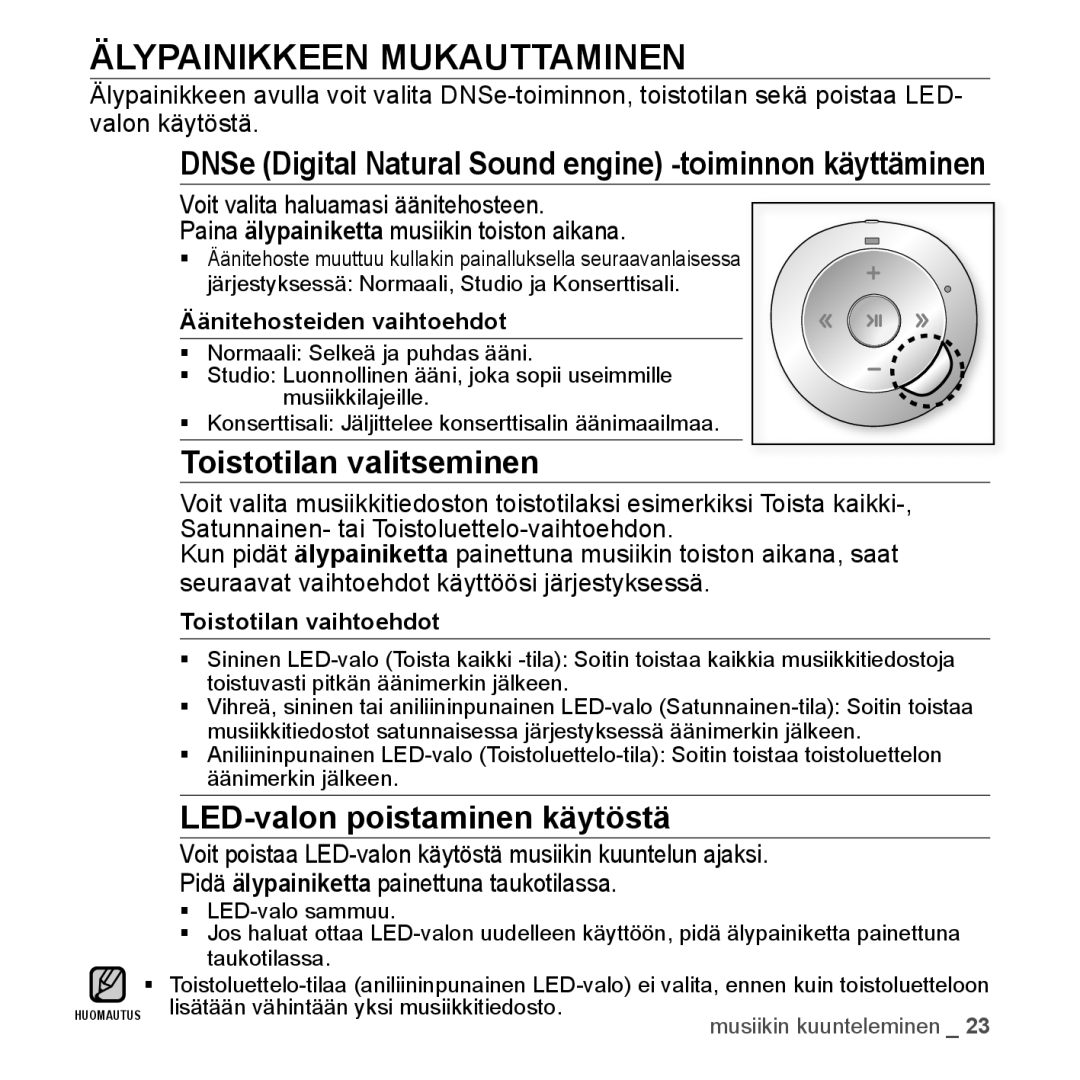 Samsung YP-S2QU/XEE, YP-S2QB/EDC Älypainikkeen Mukauttaminen, DNSe Digital Natural Sound engine -toiminnon käyttäminen 