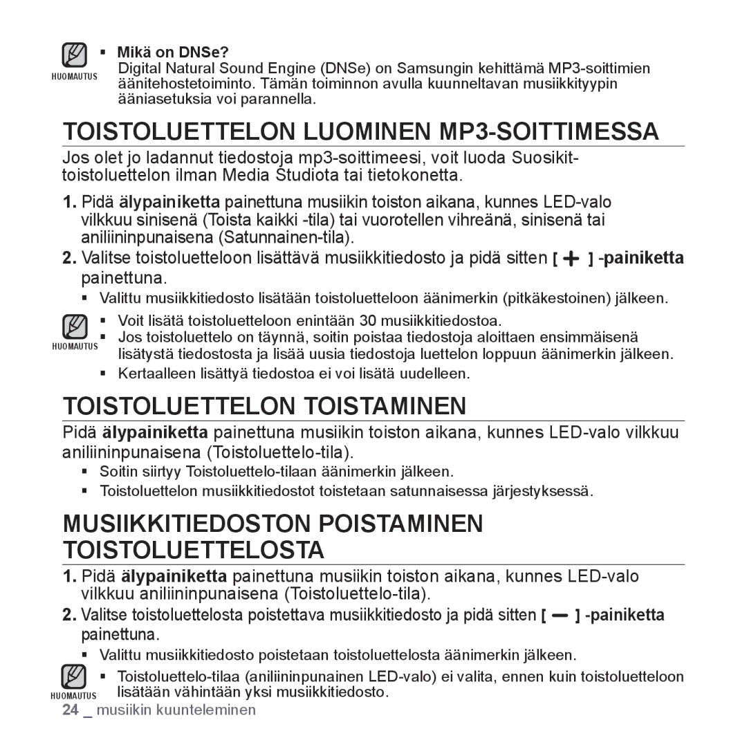 Samsung YP-S2QB/EDC, YP-S2QW/EDC manual Toistoluettelon Luominen MP3-SOITTIMESSA, Toistoluettelon Toistaminen, Painettuna 