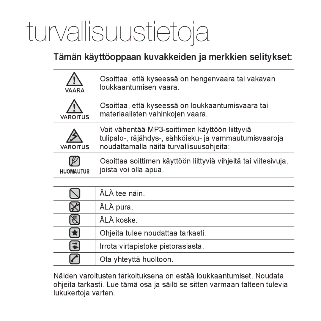 Samsung YP-S2QW/XEE, YP-S2QB/EDC, YP-S2QW/EDC Turvallisuustietoja, Tämän käyttöoppaan kuvakkeiden ja merkkien selitykset 