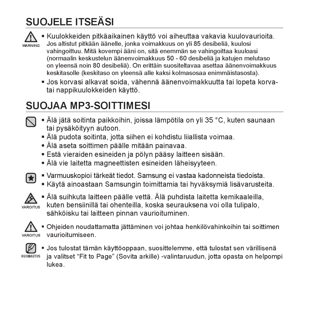 Samsung YP-S2QG/XEE, YP-S2QB/EDC, YP-S2QW/EDC, YP-S2QR/EDC, YP-S2QW/XEE, YP-S2QB/XEE, YP-S2QR/XEE manual Suojaa MP3-SOITTIMESI 