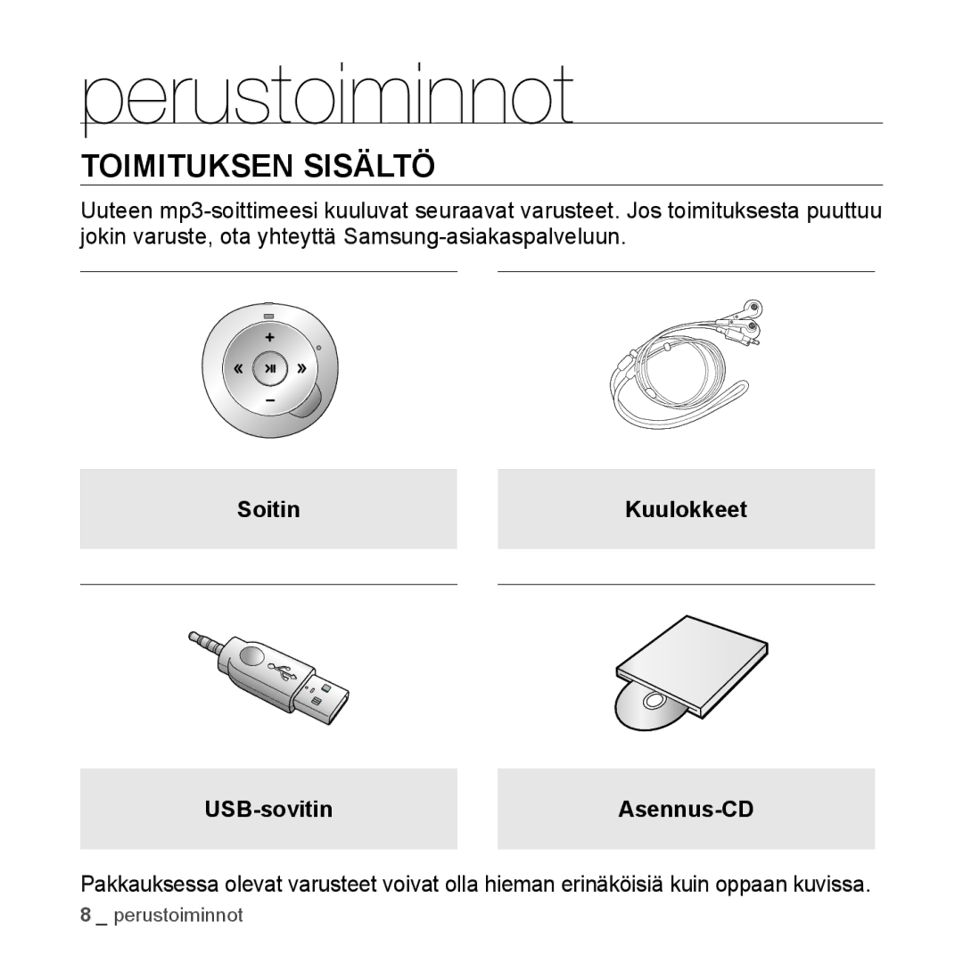 Samsung YP-S2QB/EDC, YP-S2QW/EDC, YP-S2QR/EDC Perustoiminnot, Toimituksen Sisältö, Soitin Kuulokkeet USB-sovitinAsennus-CD 