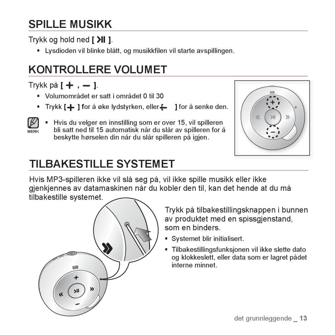 Samsung YP-S2QG/XEE, YP-S2QB/EDC, YP-S2QW/EDC, YP-S2QR/EDC manual Spille Musikk, Kontrollere Volumet, Tilbakestille Systemet 