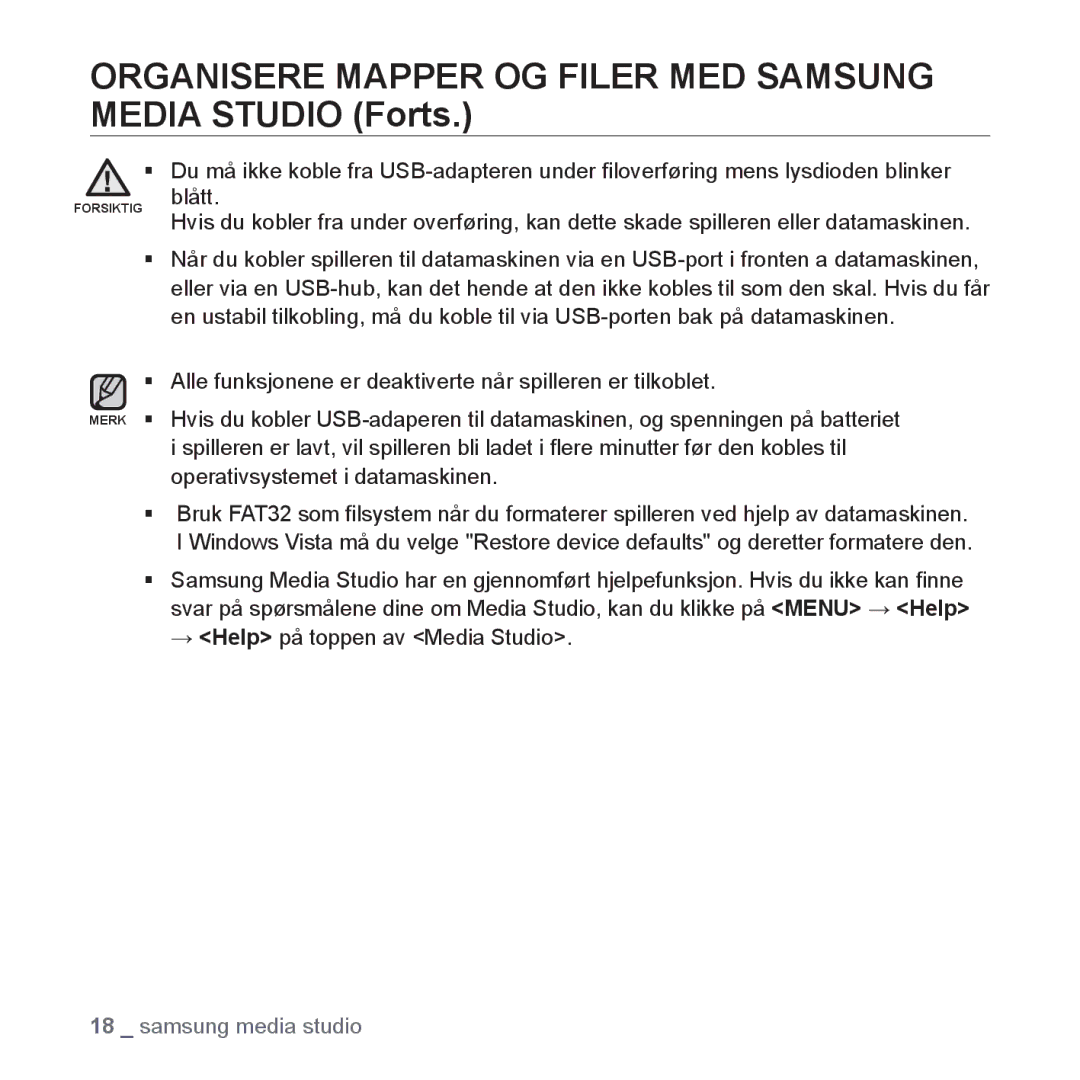 Samsung YP-S2QR/EDC, YP-S2QB/EDC, YP-S2QW/EDC, YP-S2QW/XEE, YP-S2QB/XEE, YP-S2QG/XEE, YP-S2QR/XEE, YP-S2QU/XEE Forsiktig Merk 