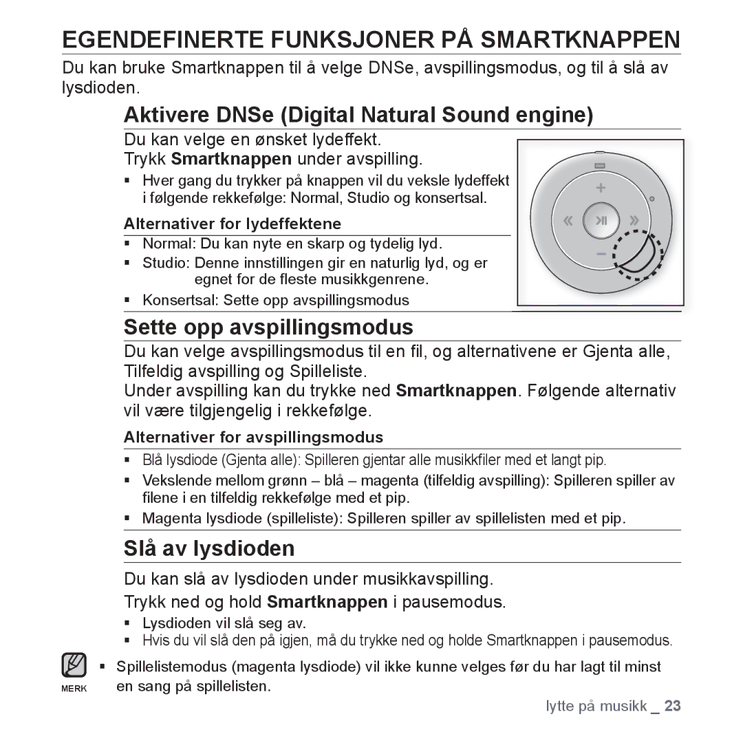 Samsung YP-S2QU/XEE, YP-S2QB/EDC manual Egendefinerte Funksjoner PÅ Smartknappen, Aktivere DNSe Digital Natural Sound engine 