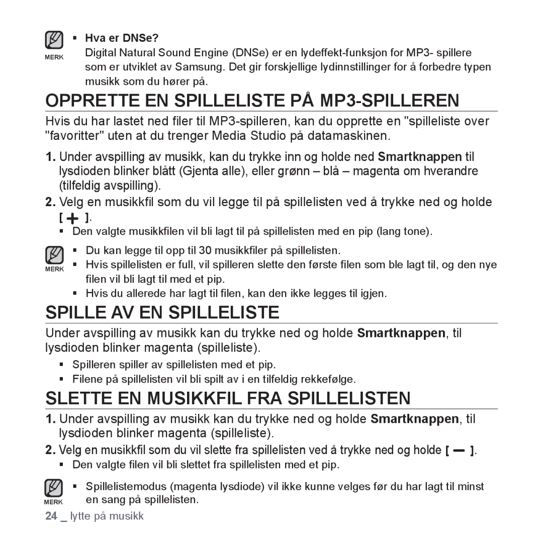 Samsung YP-S2QB/EDC, YP-S2QW/EDC, YP-S2QR/EDC manual Opprette EN Spilleliste PÅ MP3-SPILLEREN, Spille AV EN Spilleliste 