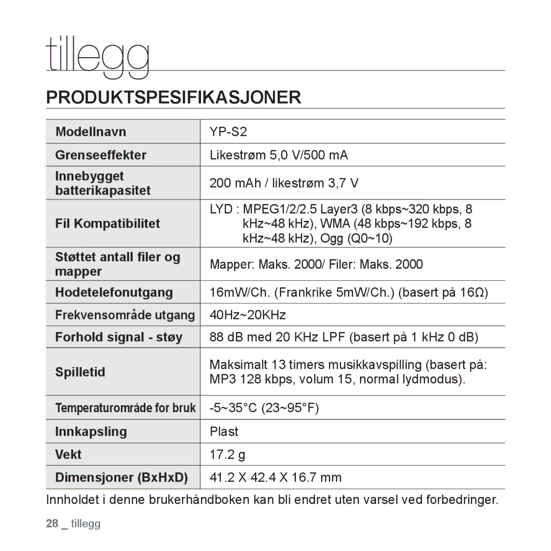 Samsung YP-S2QB/XEE, YP-S2QB/EDC, YP-S2QW/EDC, YP-S2QR/EDC, YP-S2QW/XEE, YP-S2QG/XEE manual Tillegg, Produktspesifikasjoner 