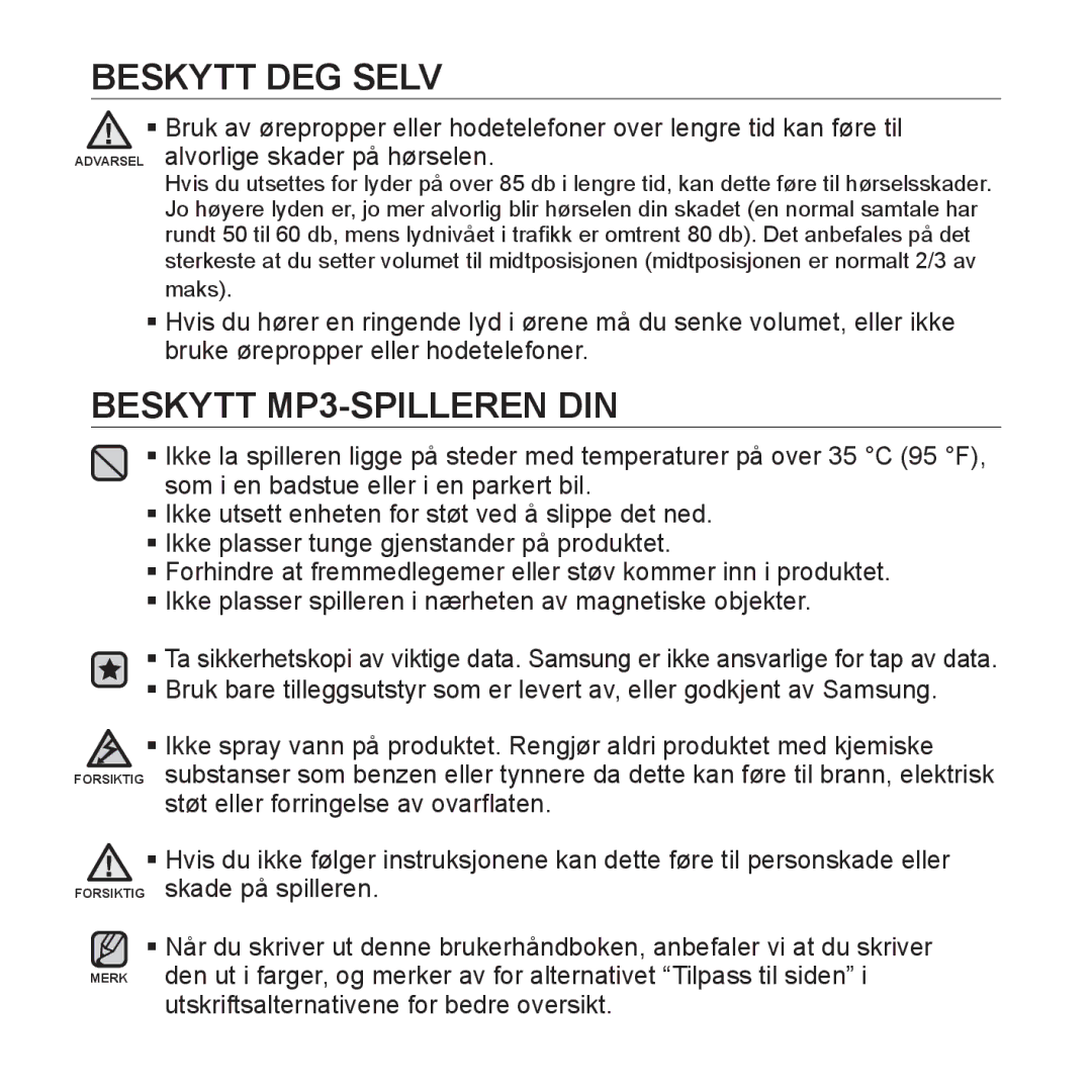 Samsung YP-S2QG/XEE, YP-S2QB/EDC, YP-S2QW/EDC, YP-S2QR/EDC, YP-S2QW/XEE, YP-S2QB/XEE, YP-S2QR/XEE Beskytt MP3-SPILLEREN DIN 