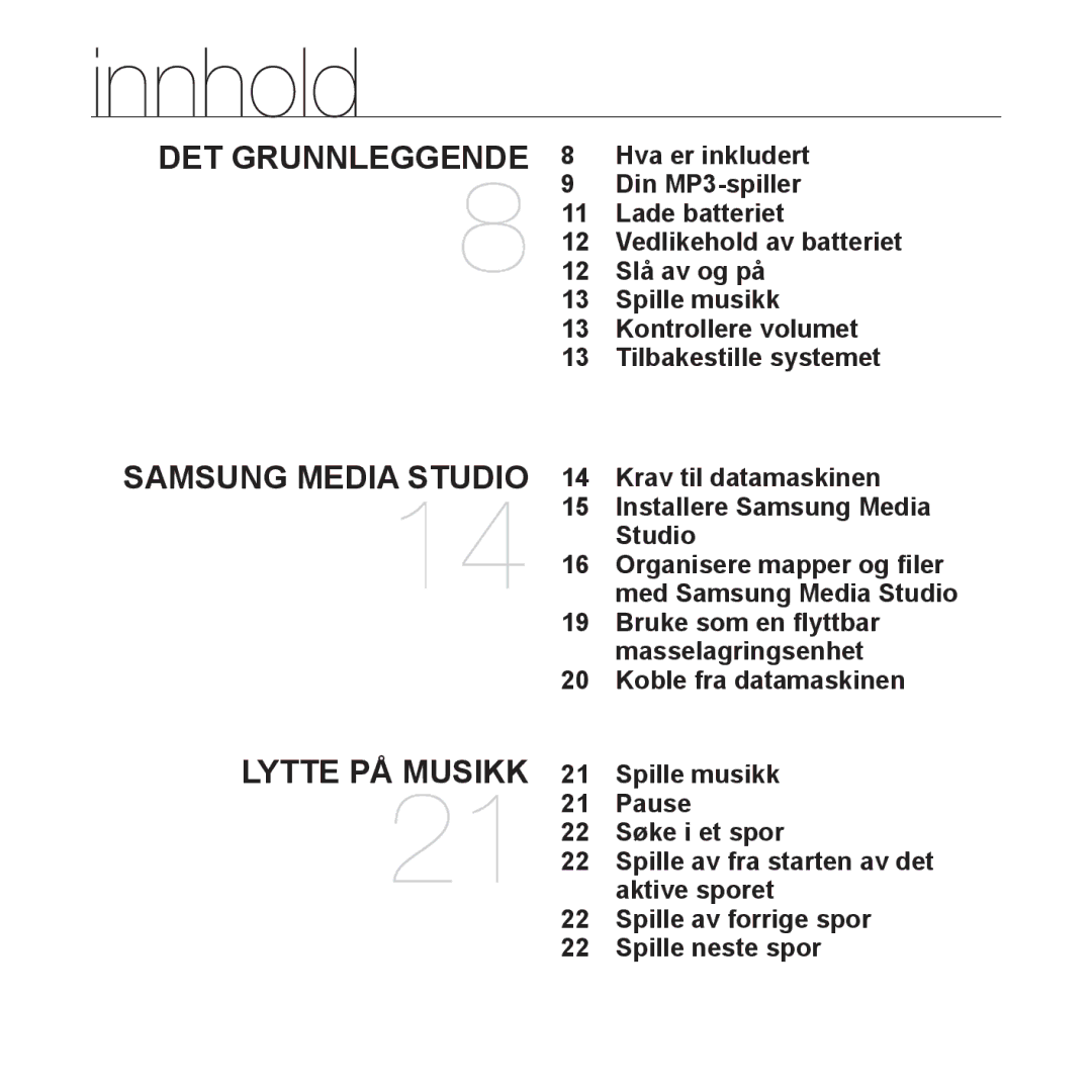 Samsung YP-S2QR/XEE, YP-S2QB/EDC, YP-S2QW/EDC, YP-S2QR/EDC, YP-S2QW/XEE, YP-S2QB/XEE, YP-S2QG/XEE, YP-S2QU/XEE manual Innhold 