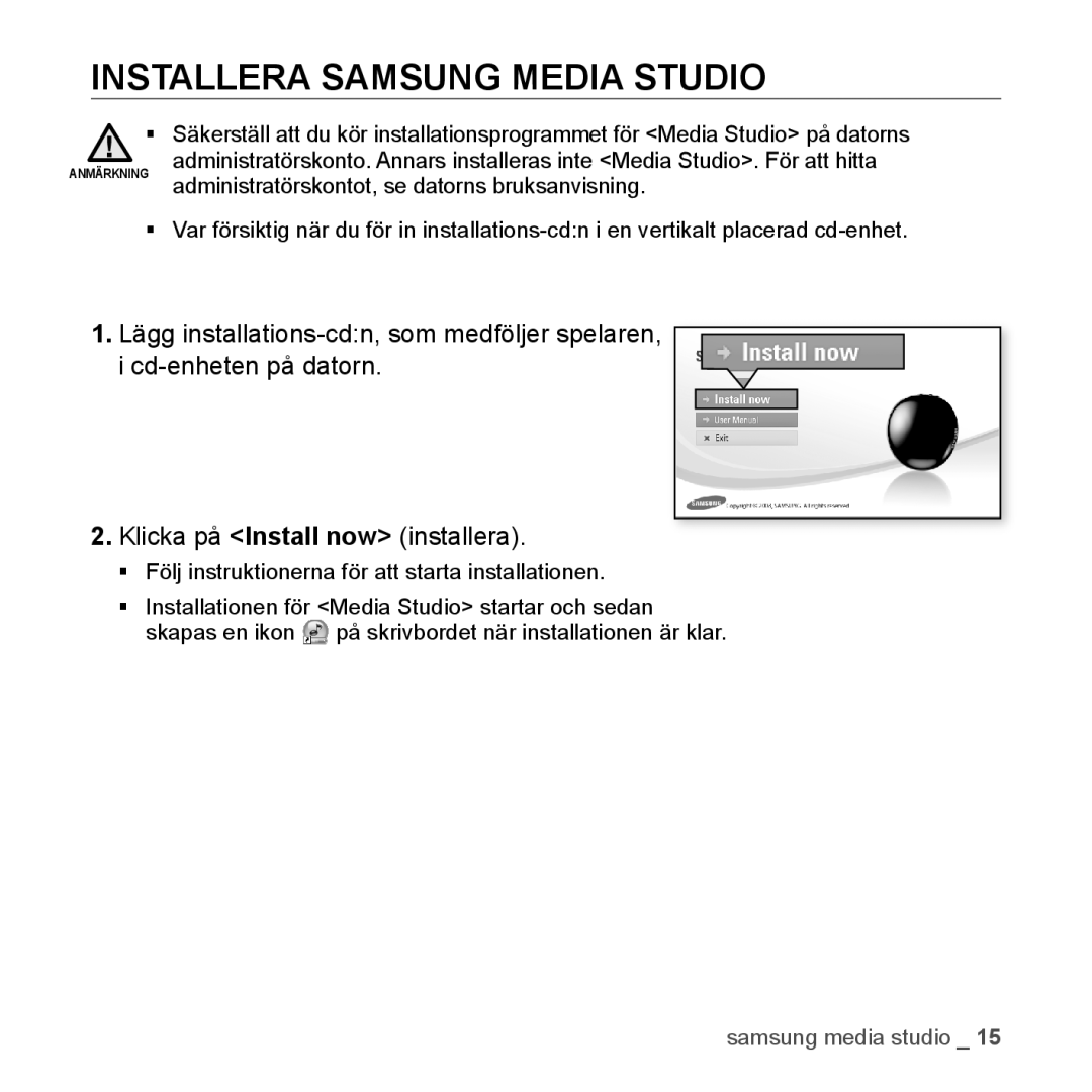 Samsung YP-S2QU/XEE, YP-S2QB/EDC, YP-S2QW/EDC, YP-S2QR/EDC, YP-S2QW/XEE, YP-S2QB/XEE manual Installera Samsung Media Studio 