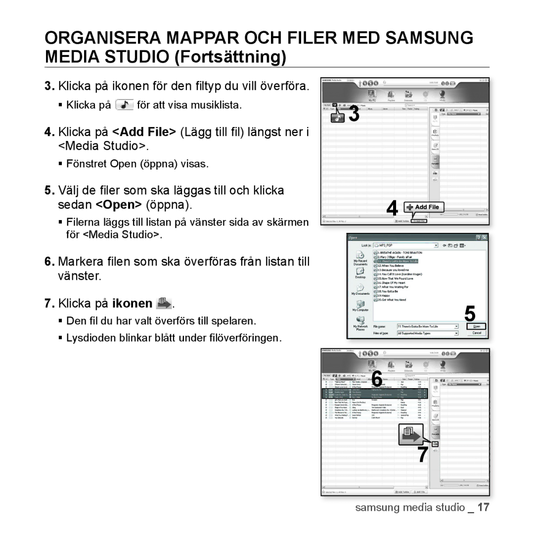 Samsung YP-S2QW/EDC, YP-S2QB/EDC, YP-S2QR/EDC, YP-S2QW/XEE, YP-S2QB/XEE manual Klicka på ikonen för den ﬁltyp du vill överföra 