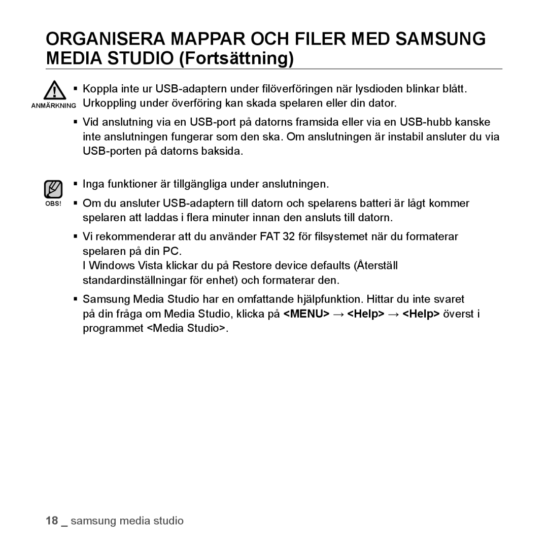 Samsung YP-S2QR/EDC, YP-S2QB/EDC, YP-S2QW/EDC, YP-S2QW/XEE, YP-S2QB/XEE, YP-S2QG/XEE, YP-S2QR/XEE manual Samsung media studio 