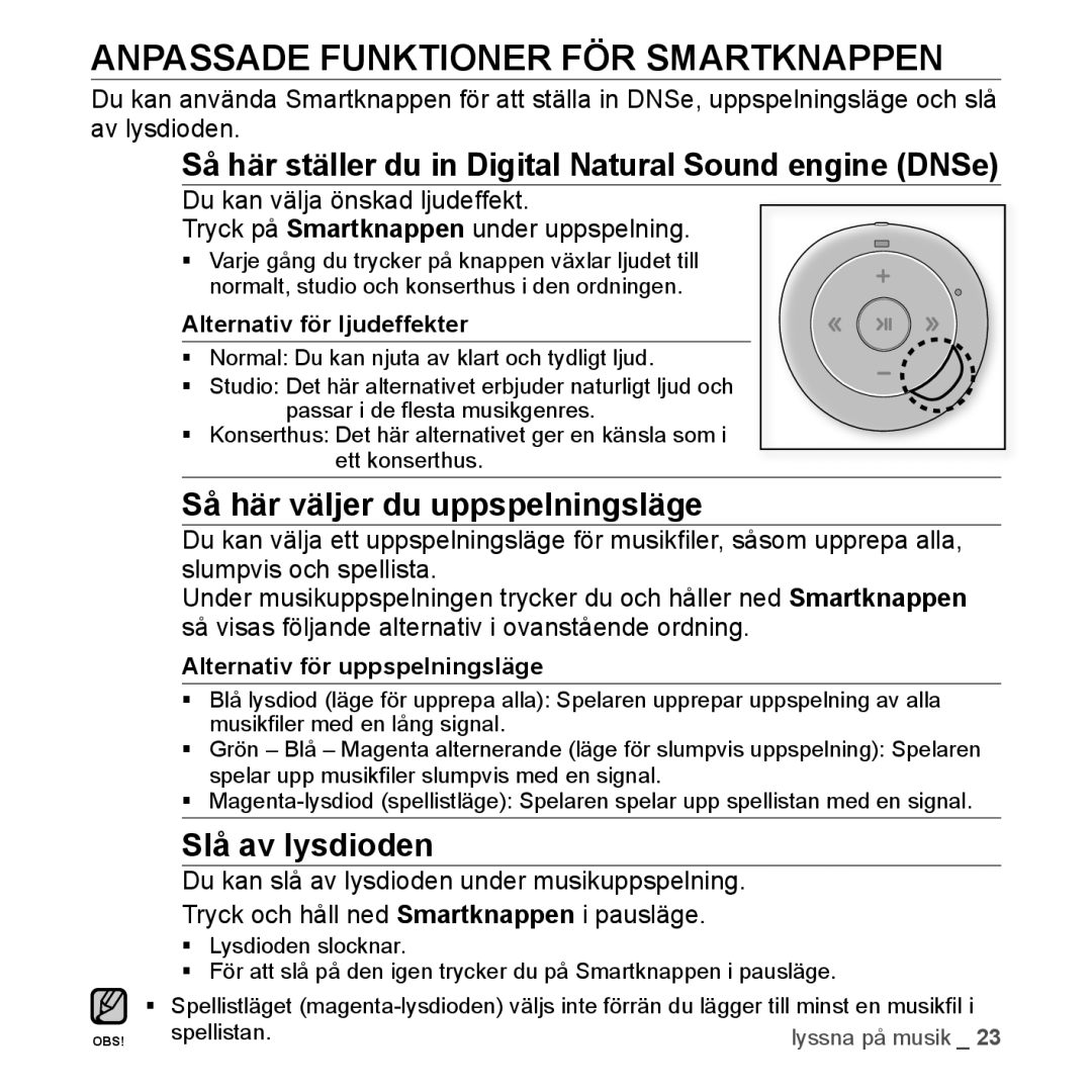 Samsung YP-S2QU/XEE manual Anpassade Funktioner FÖR Smartknappen, Så här ställer du in Digital Natural Sound engine DNSe 