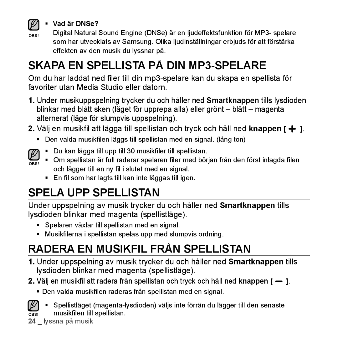 Samsung YP-S2QB/EDC manual Skapa EN Spellista PÅ DIN MP3-SPELARE, Spela UPP Spellistan, Radera EN Musikfil Från Spellistan 