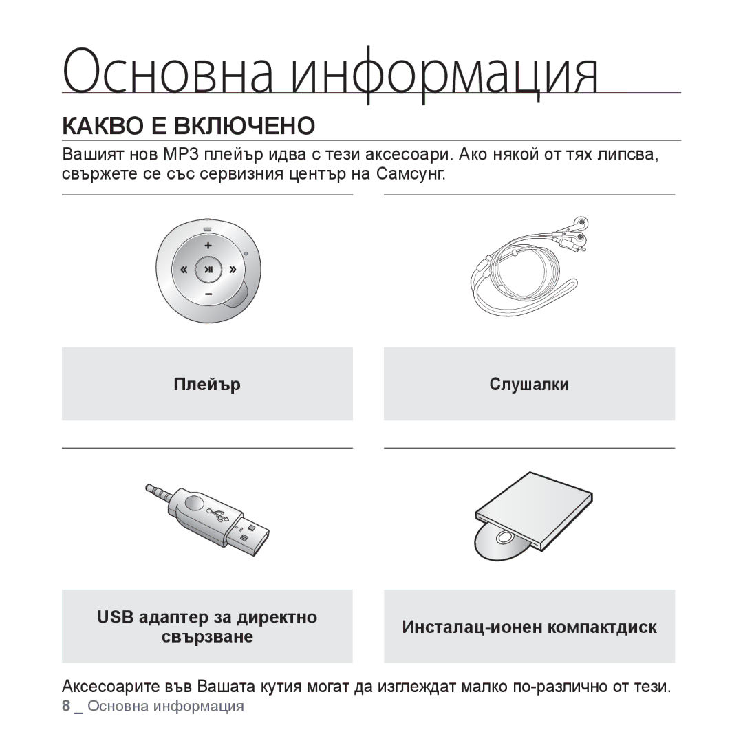 Samsung YP-S2QB/EDC, YP-S2ZB/EDC manual Основна информация, Какво Е Включено, ПлейърСлушалки 