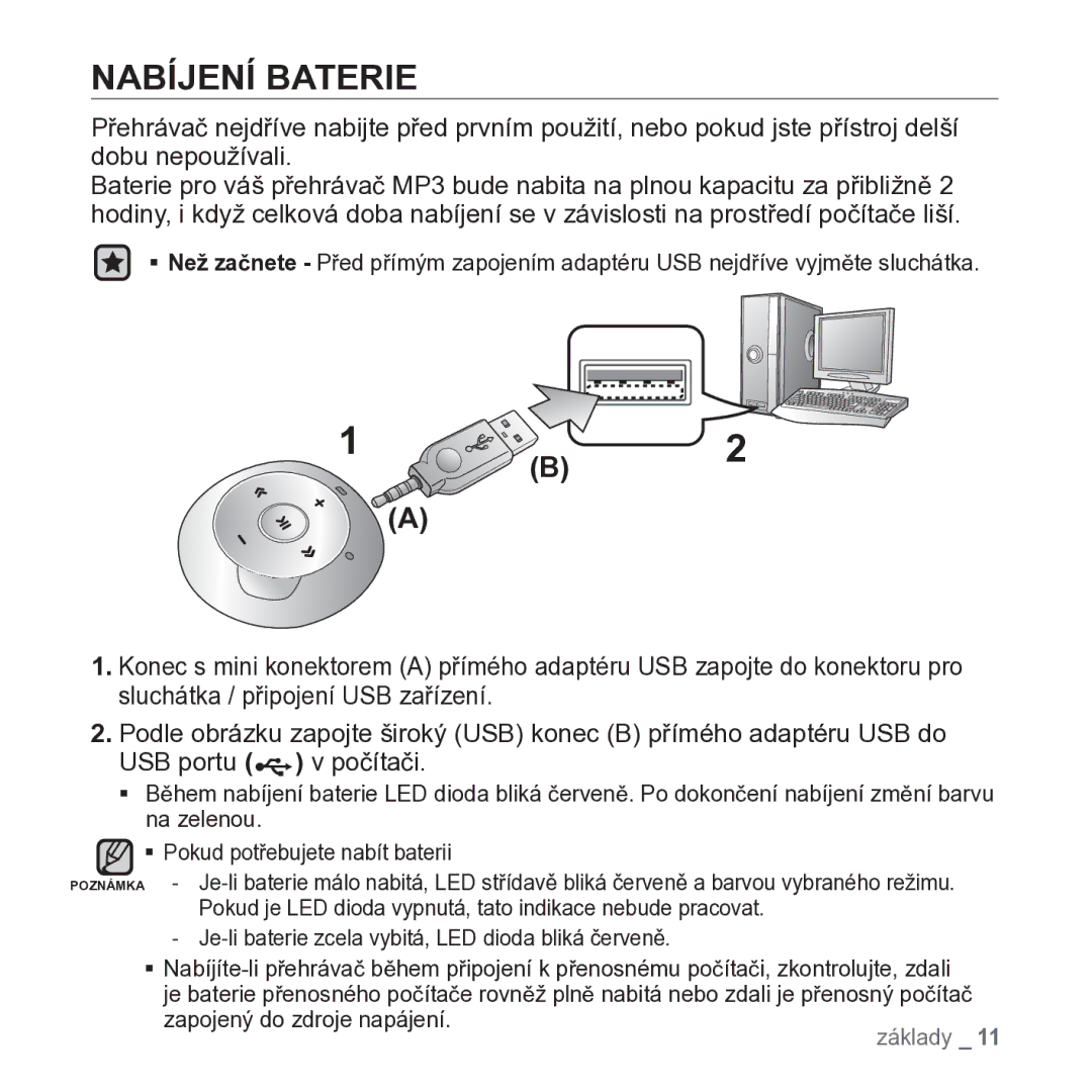 Samsung YP-S2ZW/EDC, YP-S2QB/EDC, YP-S2ZR/EDC, YP-S2ZB/EDC manual Nabíjení Baterie 