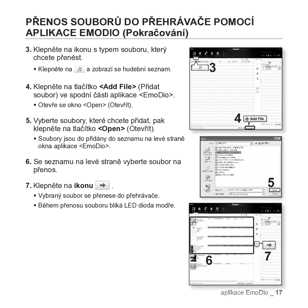 Samsung YP-S2ZR/EDC, YP-S2QB/EDC, YP-S2ZB/EDC, YP-S2ZW/EDC manual Klepněte na ikonu s typem souboru, který chcete přenést 