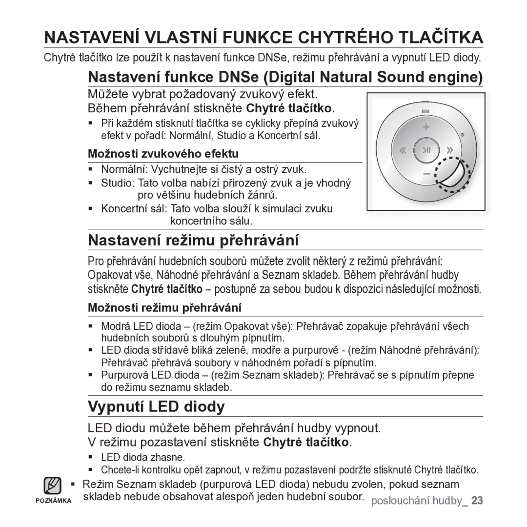 Samsung YP-S2ZW/EDC manual Nastavení Vlastní Funkce Chytrého Tlačítka, Nastavení funkce DNSe Digital Natural Sound engine 