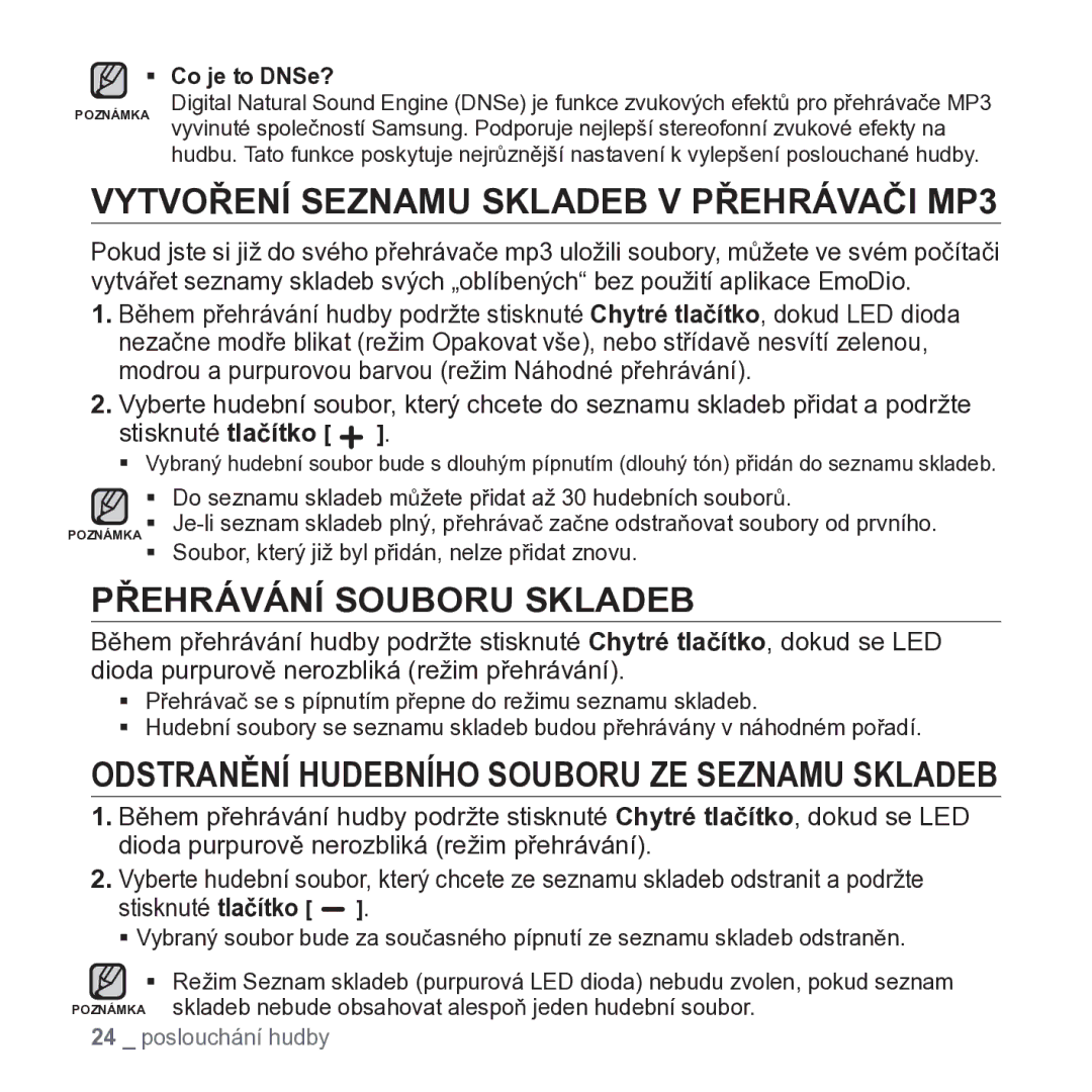 Samsung YP-S2QB/EDC, YP-S2ZR/EDC, YP-S2ZB/EDC manual Vytvoření Seznamu Skladeb V Přehrávači MP3, Přehrávání Souboru Skladeb 