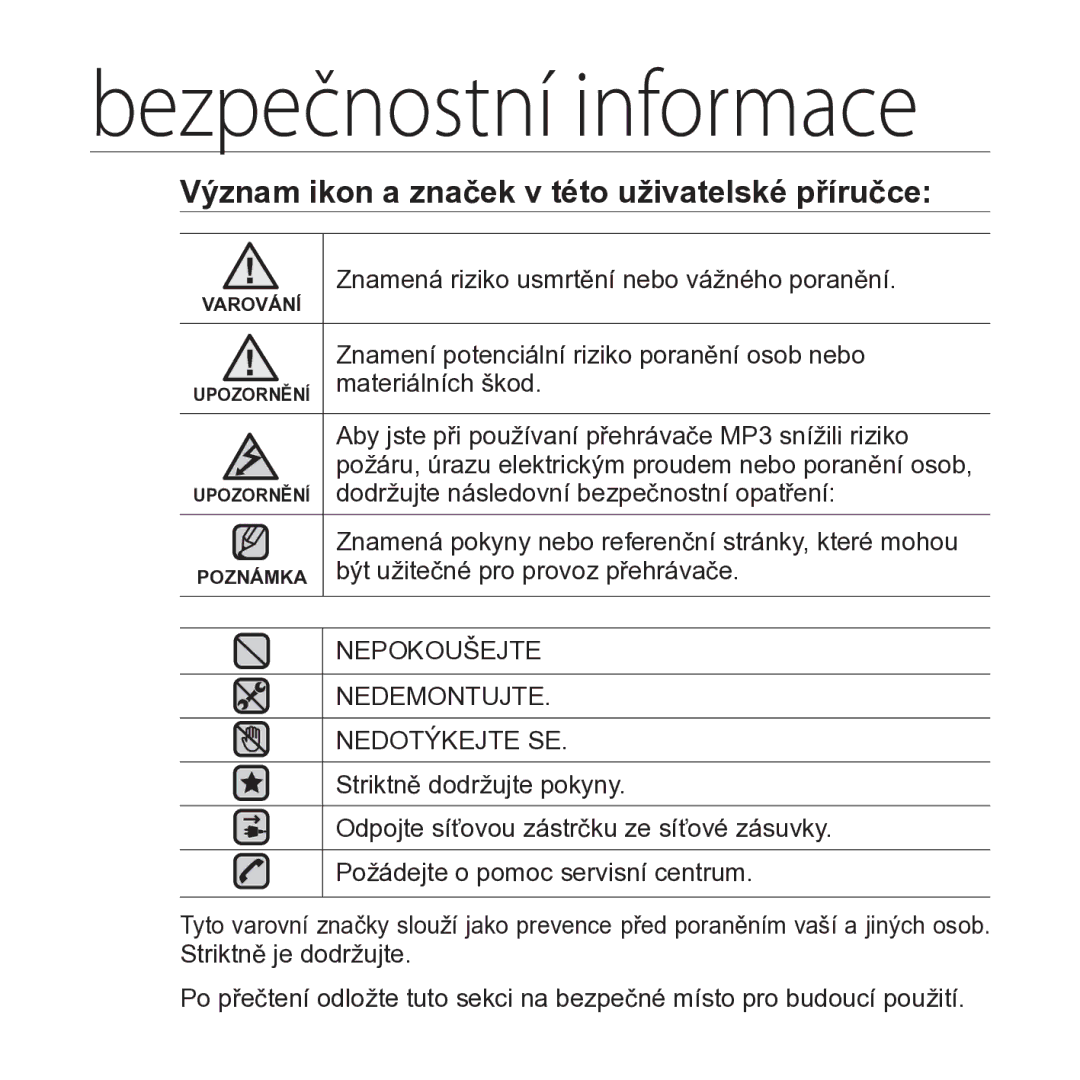 Samsung YP-S2ZW/EDC, YP-S2QB/EDC, YP-S2ZR/EDC, YP-S2ZB/EDC manual Bezpečnostní informace 