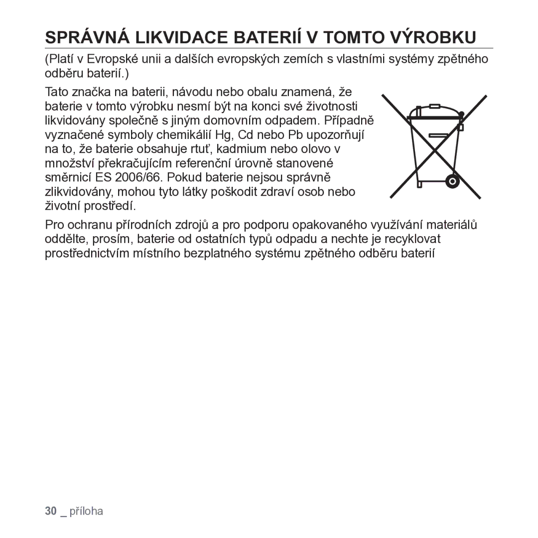 Samsung YP-S2ZB/EDC, YP-S2QB/EDC, YP-S2ZR/EDC, YP-S2ZW/EDC manual Správná Likvidace Baterií V Tomto Výrobku 