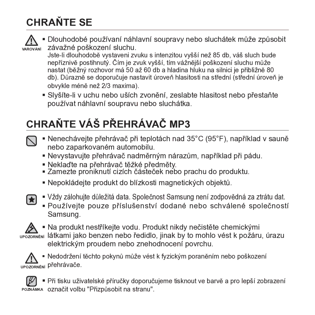 Samsung YP-S2ZR/EDC, YP-S2QB/EDC, YP-S2ZB/EDC, YP-S2ZW/EDC manual Chraňte VÁŠ Přehrávač MP3 