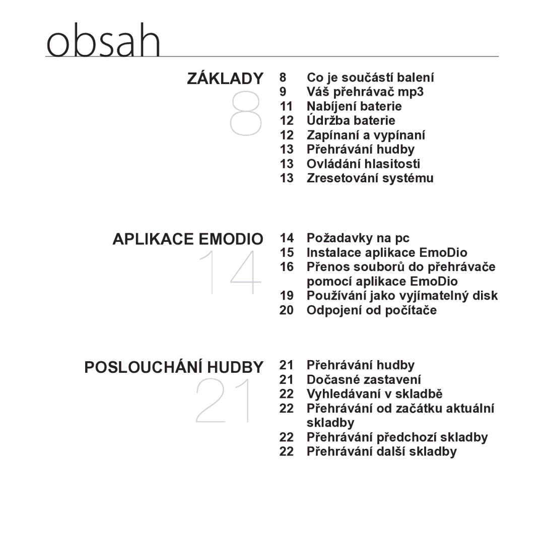 Samsung YP-S2ZB/EDC, YP-S2QB/EDC, YP-S2ZR/EDC, YP-S2ZW/EDC manual Obsah 