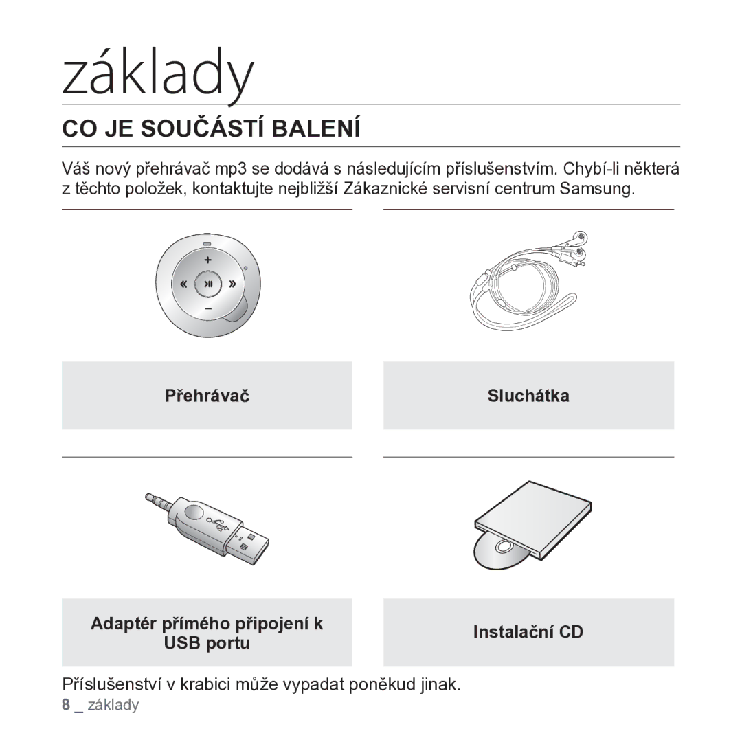 Samsung YP-S2QB/EDC, YP-S2ZR/EDC, YP-S2ZB/EDC, YP-S2ZW/EDC manual Základy, CO JE Součástí Balení, Přehrávač Sluchátka 