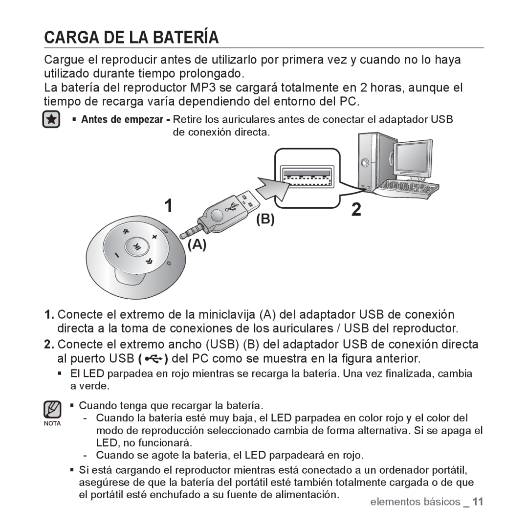 Samsung YP-S2QW/XEE, YP-S2QB/EDC, YP-S2ZR/EDC, YP-S2ZU/EDC, YP-S2ZB/EDC, YP-S2QW/EDC, YP-S2QU/EDC manual Carga DE LA Batería 