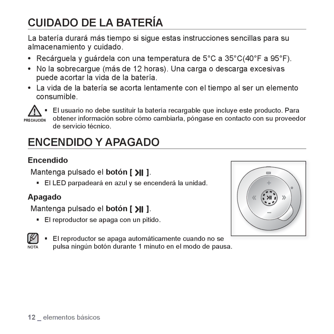 Samsung YP-S2QB/EDC, YP-S2ZR/EDC, YP-S2ZU/EDC, YP-S2ZB/EDC, YP-S2QW/EDC manual Cuidado DE LA Batería, Encendido Y Apagado 