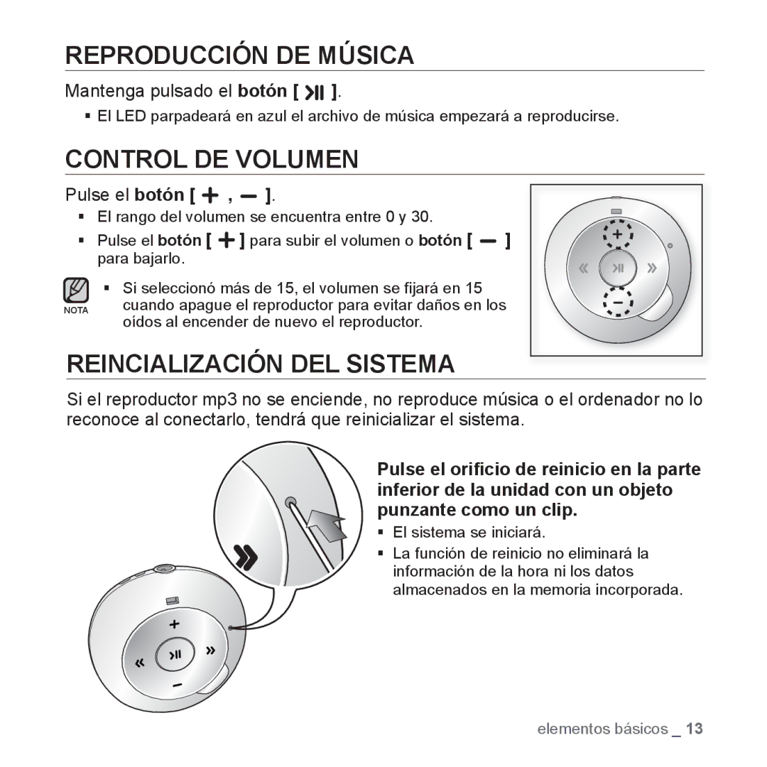 Samsung YP-S2ZR/EDC, YP-S2QB/EDC Reproducción DE Música, Control DE Volumen, Reincialización DEL Sistema, Pulse el botón 