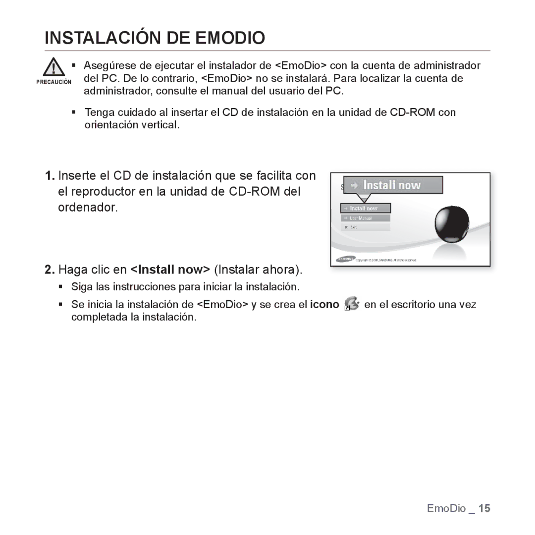 Samsung YP-S2ZB/EDC, YP-S2QB/EDC, YP-S2ZR/EDC, YP-S2ZU/EDC, YP-S2QW/EDC, YP-S2QU/EDC, YP-S2ZG/EDC manual Instalación DE Emodio 