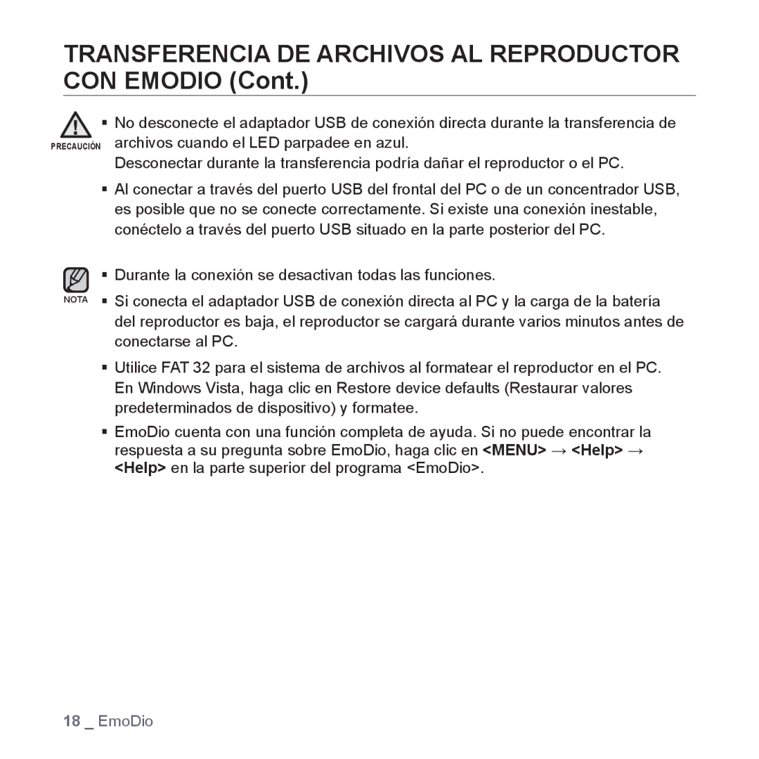 Samsung YP-S2ZG/EDC, YP-S2QB/EDC, YP-S2ZR/EDC, YP-S2ZU/EDC, YP-S2ZB/EDC, YP-S2QW/EDC, YP-S2QU/EDC, YP-S2QR/EDC manual Precaución 