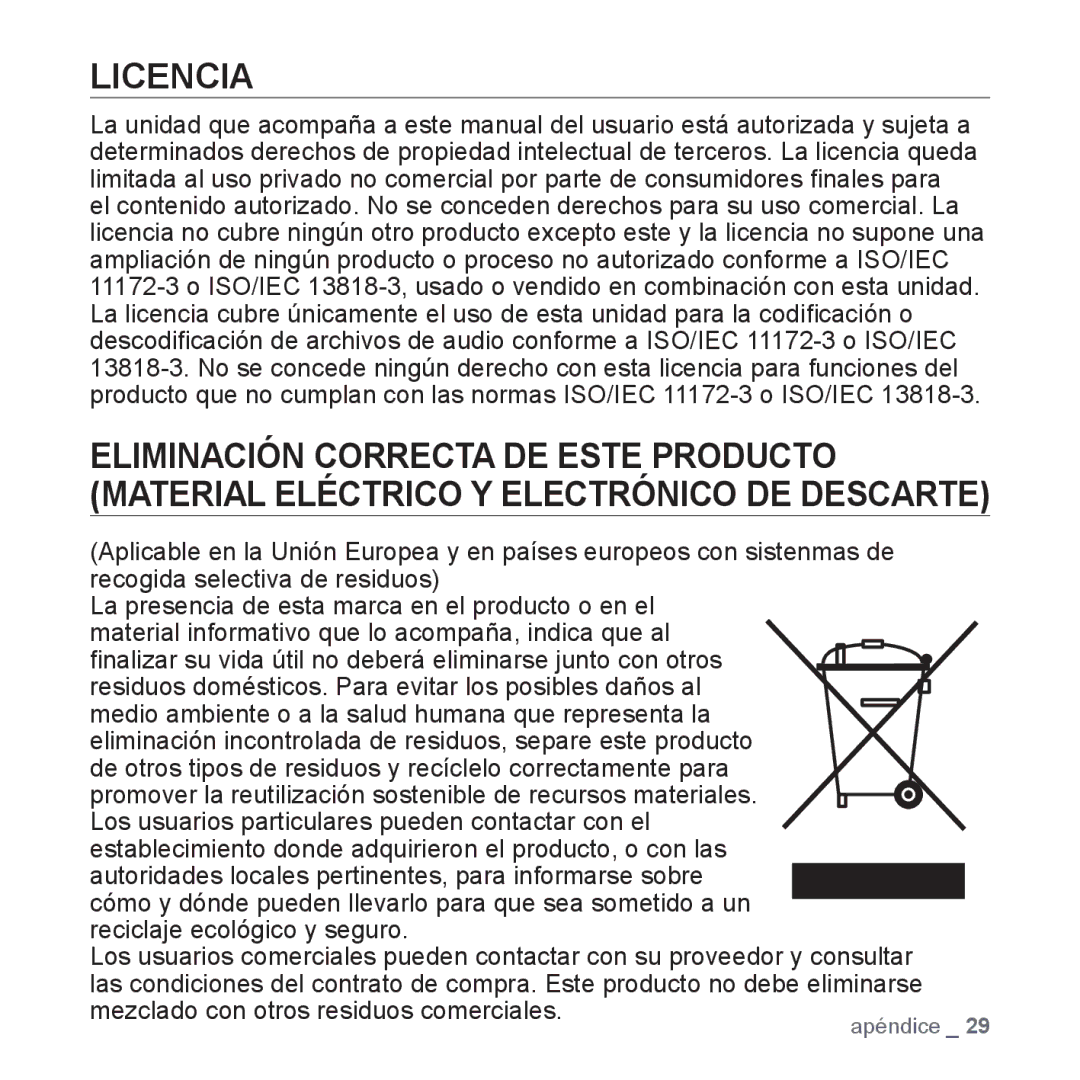 Samsung YP-S2QU/EDC, YP-S2QB/EDC, YP-S2ZR/EDC manual Licencia, De otros tipos de residuos y recíclelo correctamente para 