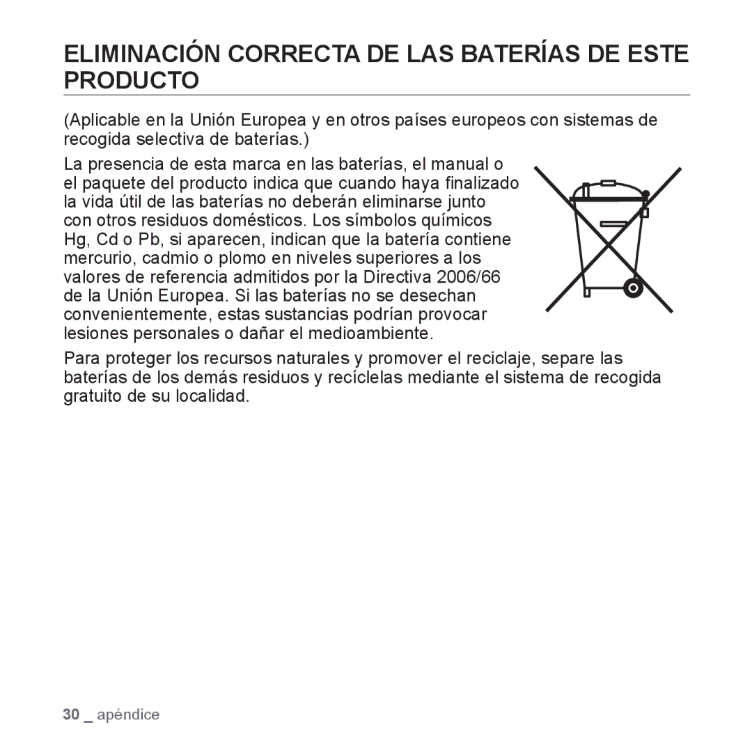 Samsung YP-S2ZG/EDC, YP-S2QB/EDC, YP-S2ZR/EDC, YP-S2ZU/EDC, YP-S2ZB/EDC Eliminación Correcta DE LAS Baterías DE Este Producto 